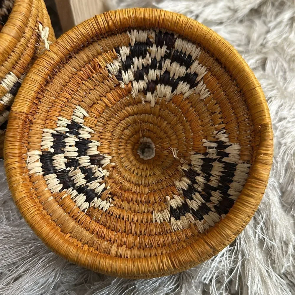 Small Boho Natural Woven Basket With Lid For Home Decor